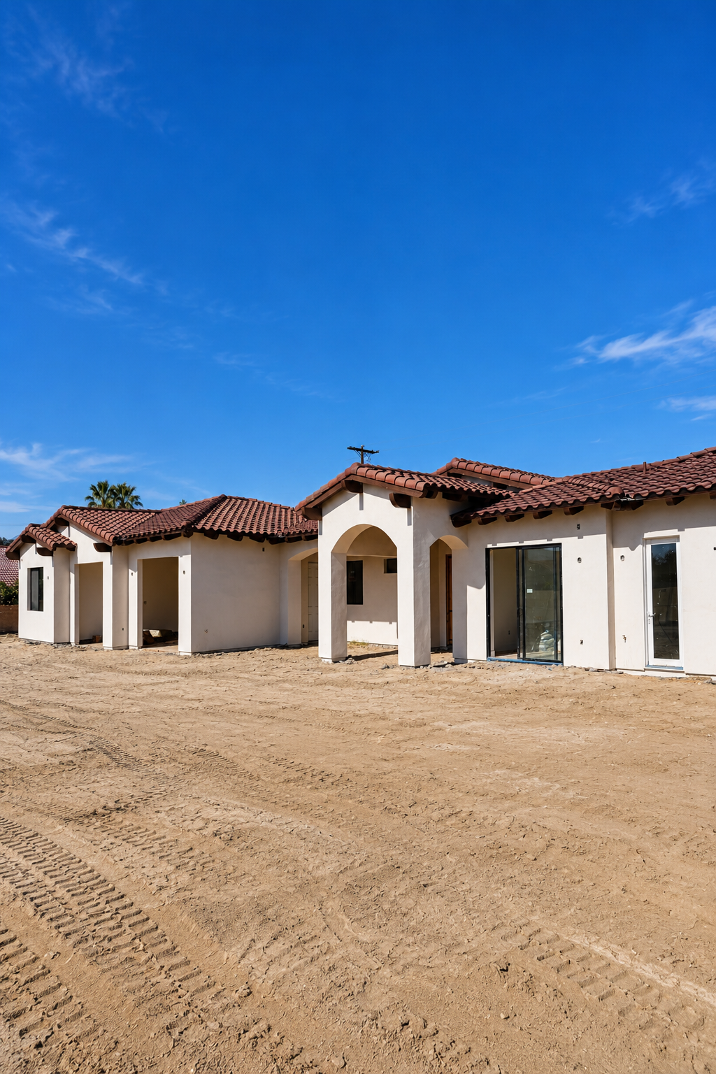 Serfer Construction Mediterranean-style residence in progress, stucco and clay barrel tile roof under a clear desert sky