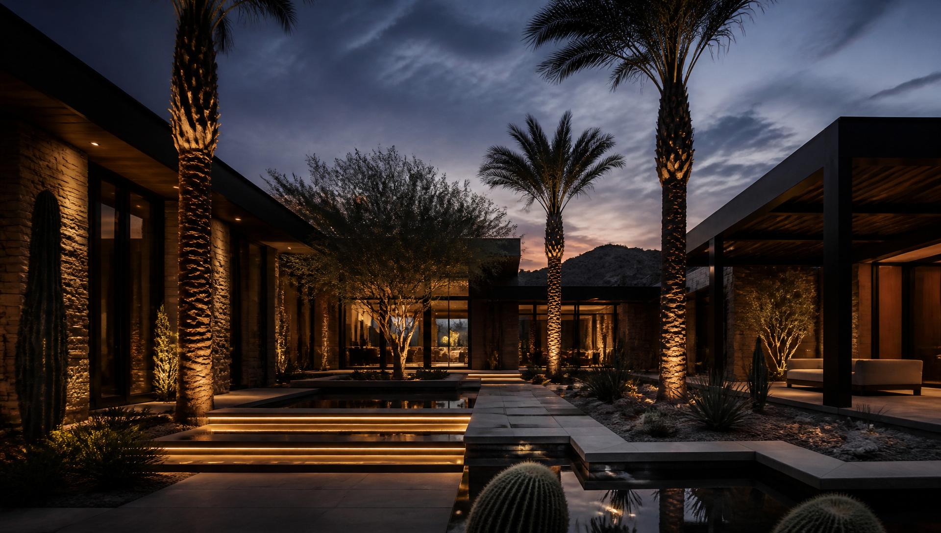 Illuminated desert estate courtyard at twilight